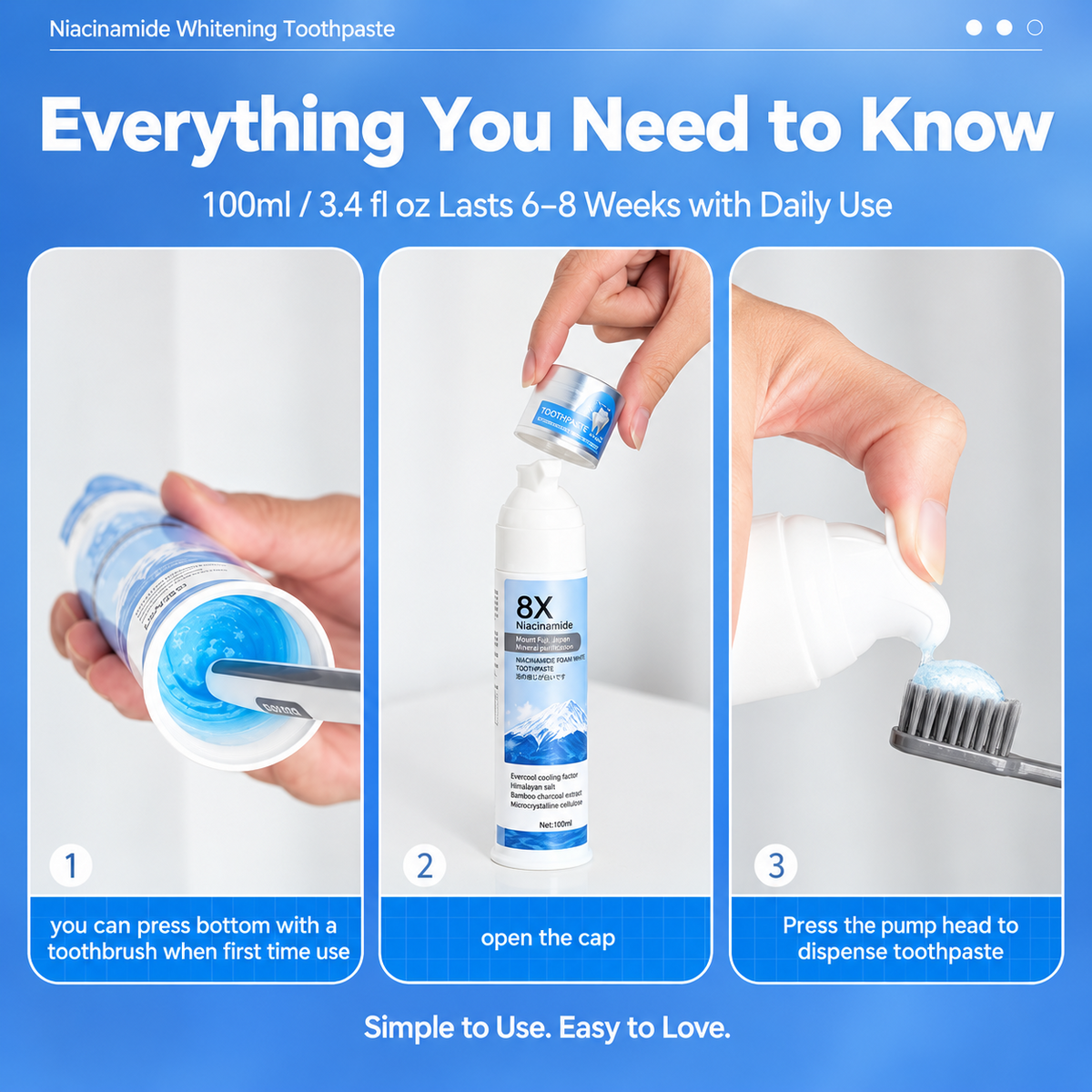 Niacinamide Foaming Whitening Toothpaste 8X - Fresh Breath Stain Removal Gentle Teeth Cleaning 100ml-D