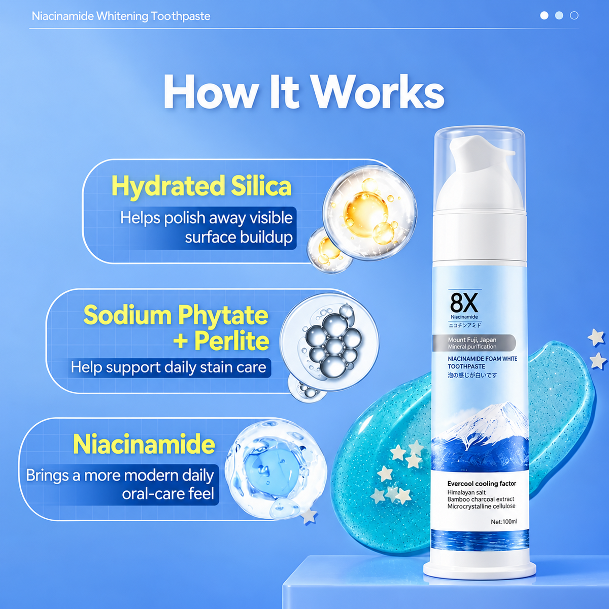 Niacinamide Foaming Whitening Toothpaste 8X - Fresh Breath Stain Removal Gentle Teeth Cleaning 100ml-D